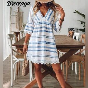 Blue and White Women Boho Dress NWT